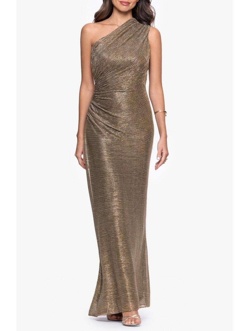 New Betsy & Adam One-Shoulder Metallic Crinkled Column Gown Mocha Gold 14 $249